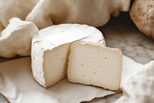 Homemade old craft goat cheese with blank mockup label on light pastel background.