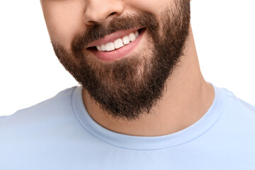Fototapeta premium Man with clean teeth smiling on white background, closeup