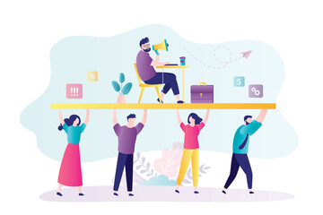 Business team, employees carrying angry boss. Hard work, office day. Hierarchy in company, worker men and women trying to complete boss tasks