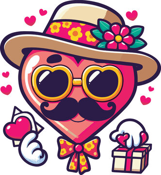 Retro happy Valentines day. Comic happy heart character in trendy retro 60s 70s cartoon style