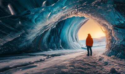 Sport Man exploring in beautiful ice Cave. - obrazy, fototapety, plakaty