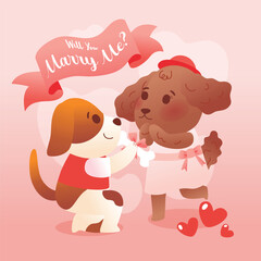 Romantic Dog Couple Engagement: Asking for Wedding, Vector, Illustration