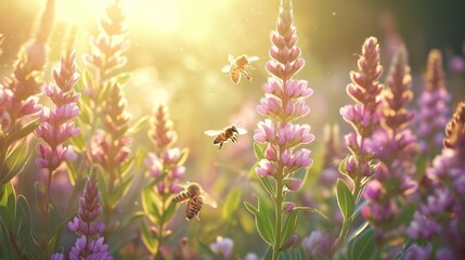 A field of flowers with honeybees busily collecting nectar, busy bees and blooming plants. - obrazy, fototapety, plakaty