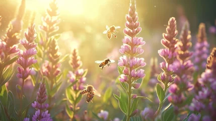 Foto auf Alu-Dibond A field of flowers with honeybees busily collecting nectar, busy bees and blooming plants. © okfoto