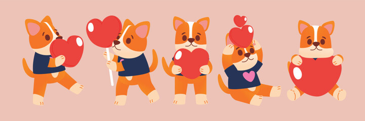 Cute Corgi Dog Character Holding Heart for Valentine's Day Celebration, Vector, Illustration