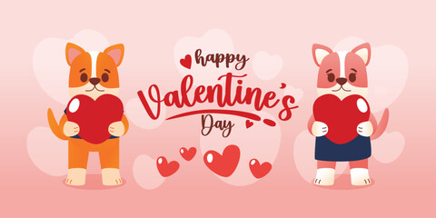 Corgi Couple in Love Celebrating Valentine's Day with Red Heart In Hand, Vector, Illustration