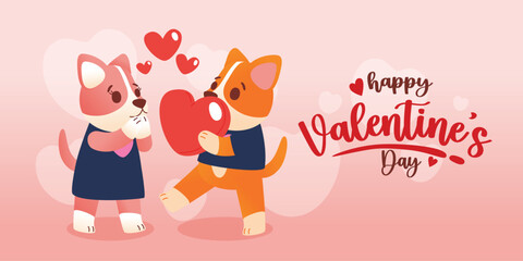 Corgi Couple in Love Celebrating Valentine's Day with Red Heart In Hand, Vector, Illustration
