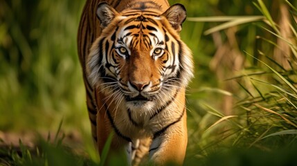  a close up of a tiger walking in a field of grass and grass behind it is a blurry image of the tiger's face.