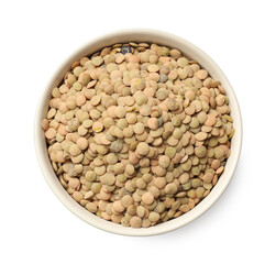 Raw lentils in bowl isolated on white, top view