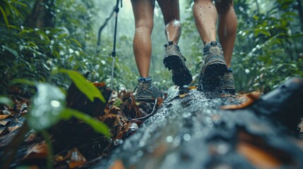 In a pouring forest, an Asian couple tries to get over a log. Generative Ai.