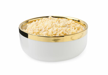 Cooked bulgur in bowl isolated on white