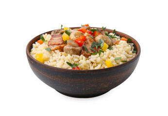 Cooked bulgur with vegetables, fried bacon and mushrooms in bowl isolated on white