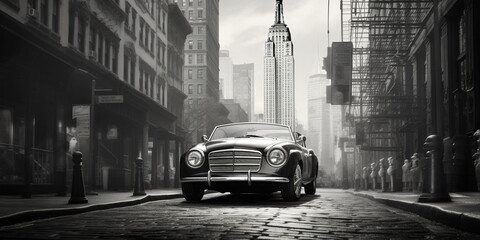 A black and white photo of a vintage car with the word " on it, A city street with a building and a car on the left side, 