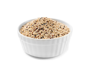 Raw quinoa seeds in bowl isolated on white