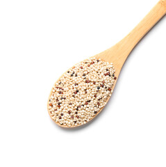 Raw quinoa seeds in spoon isolated on white, top view