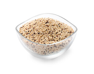 Raw quinoa seeds in bowl isolated on white