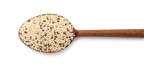 Raw quinoa seeds in spoon isolated on white, top view
