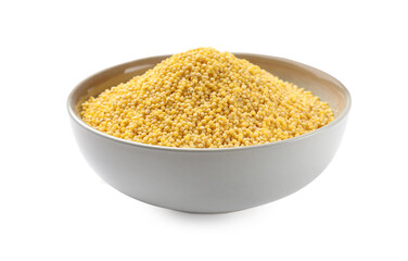 Dry millet seeds in bowl isolated on white