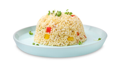 Delicious bulgur with vegetables and microgreens isolated on white