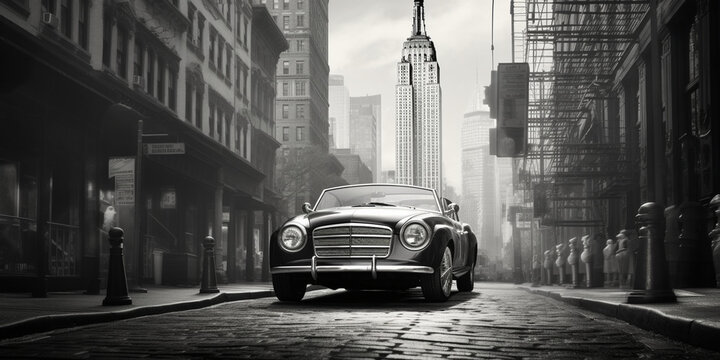 Fototapeta A black and white photo of a vintage car with the word " on it, A city street with a building and a car on the left side, 