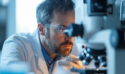 scientist in white robe and glasses using microscope.