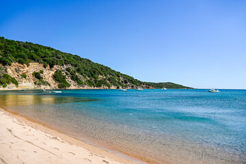 Bonifacio, Bucht, Sant'Amanza, Strand, Kalkfelsen, Kalkklippen, Insel, Korsika, Mittelmeer, Küste,...