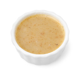 Delicious turkey gravy in bowl isolated on white