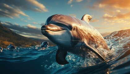 A dolphin jumping in the blue ocean