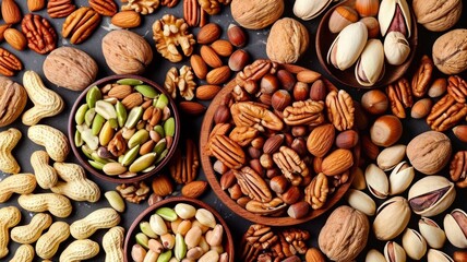 Background with different varieties of nuts. Top view of various nuts