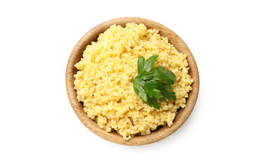 Tasty millet porridge with parsley in bowl isolated on white, top view