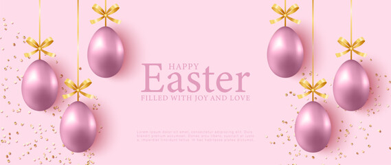 Pink Easter card with pink Easter eggs, gold bows and sparkles.