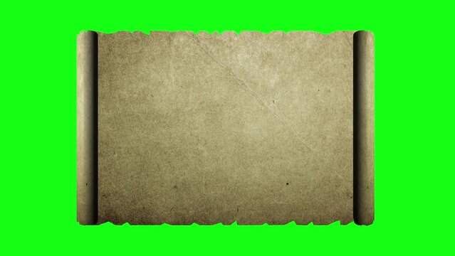 Old paper map scroll. Vintage parchment paper scroll open from center to the right and left on green screen background. Empty space on vintage roll of parchment. 