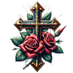 Cross And Rose Tattoo Illustration Art On A Transparent Background Generative AI.