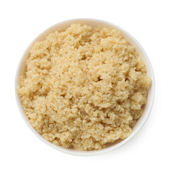 Tasty quinoa porridge in bowl isolated on white, top view