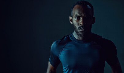 Obraz premium portrait of a african american male athlete in blue shirt and background