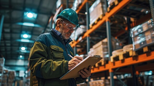 Logistics service man writing documents on clipboard in warehouse. copy space for text.