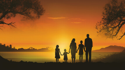 Fototapeta premium double exposure silhouette family holding hands landscape