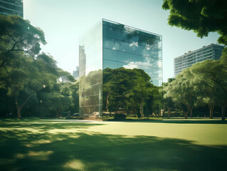 A Tall Building With A Mirrored Glass Exterior, A Glass Building With Trees In The Background
