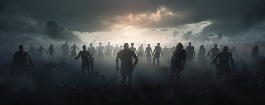 goup of zombie running, silhouette 