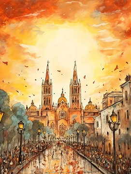 Cinco De Mayo Holiday, A Drawing Of A Church With A Crowd Of People Walking Down A Street