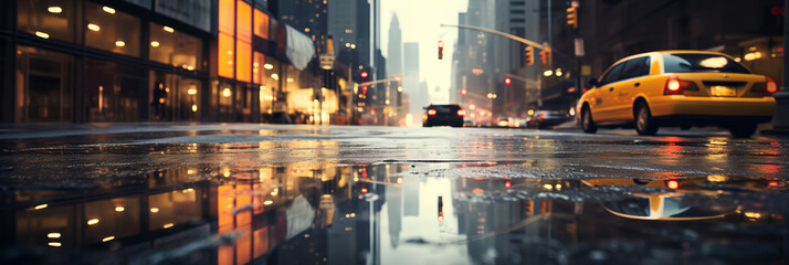Lights and shadows of New York City. Soft focus image of NYC streets after rain with reflections on...