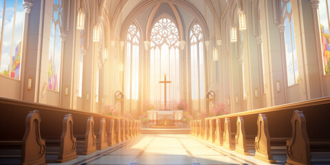 Worshipful Sanctuary: Serene Church Interior with Divine Light | Religious Background with Worshippers | Spiritual Congregation Atmosphere - obrazy, fototapety, plakaty