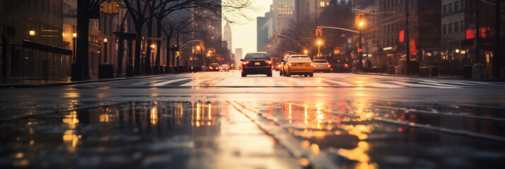 Lights and shadows of New York City. Soft focus image of NYC streets after rain with reflections on...