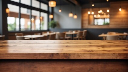 Blurry Restaurant Countertop on Empty Flat Smooth Wood Table Background, Empty Flat Smooth Wood Table, Bokeh Background