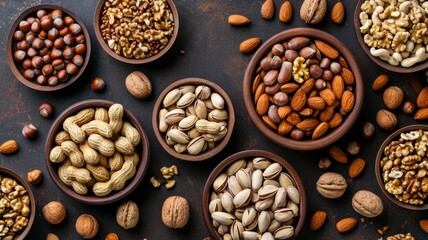 Background with different varieties of nuts. Top view of various nuts