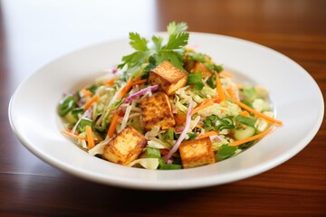 asian slaw heap with grilled tofu cubes, fusion meal
