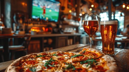 Pizza Aficionados Snacking while Watching Soccer on TV in a Restaurant. Generative Ai. - obrazy, fototapety, plakaty