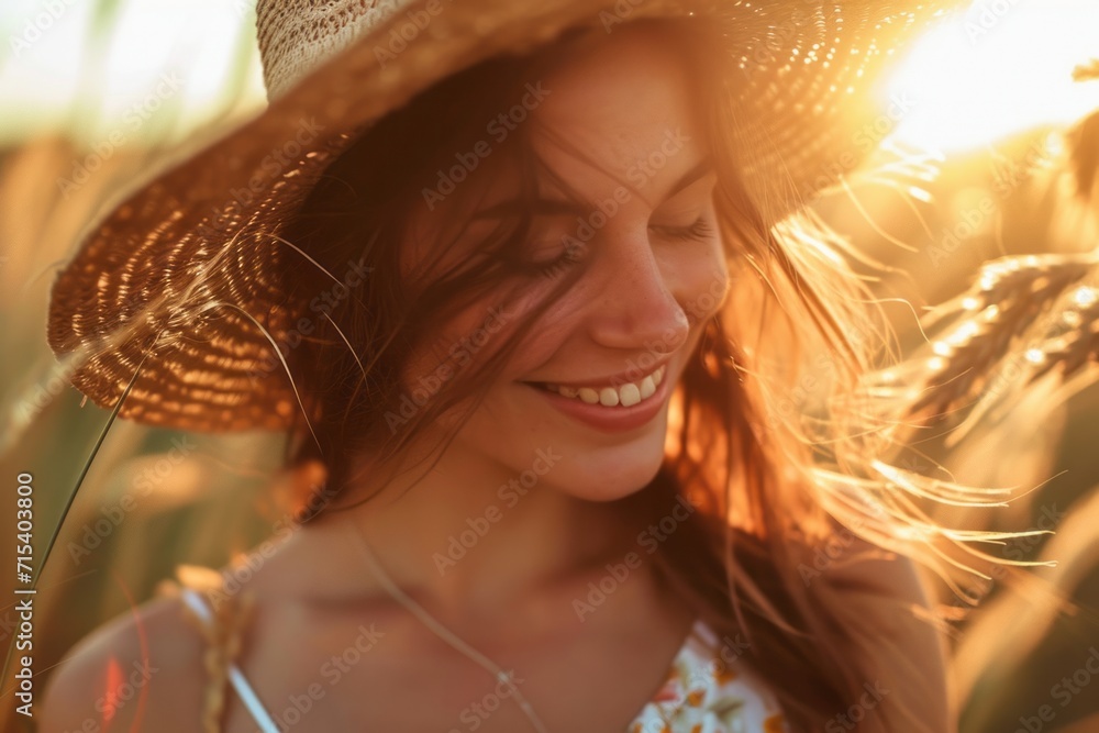 Wall mural smiling woman in a straw hat enjoying golden hour in a field