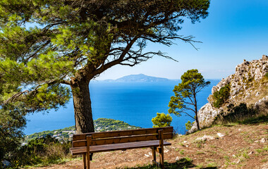 Bench on the Mount Solaro, Island Capri, Gulf of Naples, Italy, Europe.