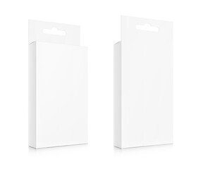 White package box with hang slot mockup for electronic and mobile accessories. Half side views. Vector illustration isolated on white background. Ready and simple to use for your design. EPS10. - obrazy, fototapety, plakaty